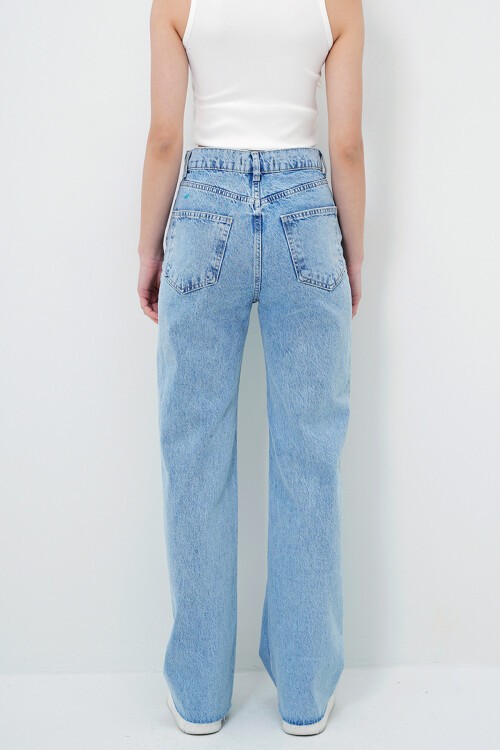 Buz Mavi Yüksek Bel Yıkamalı Paçası Püsküllü Palazzo Jean Pantolon