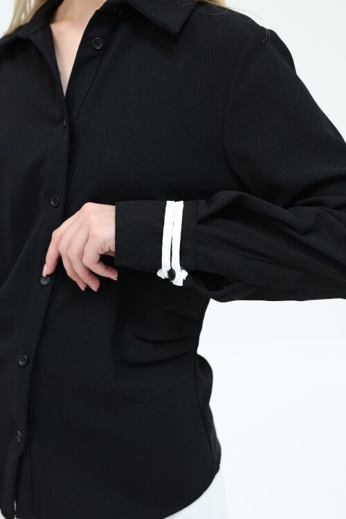 Siyah Büzgü Detaylı Crep Gömlek