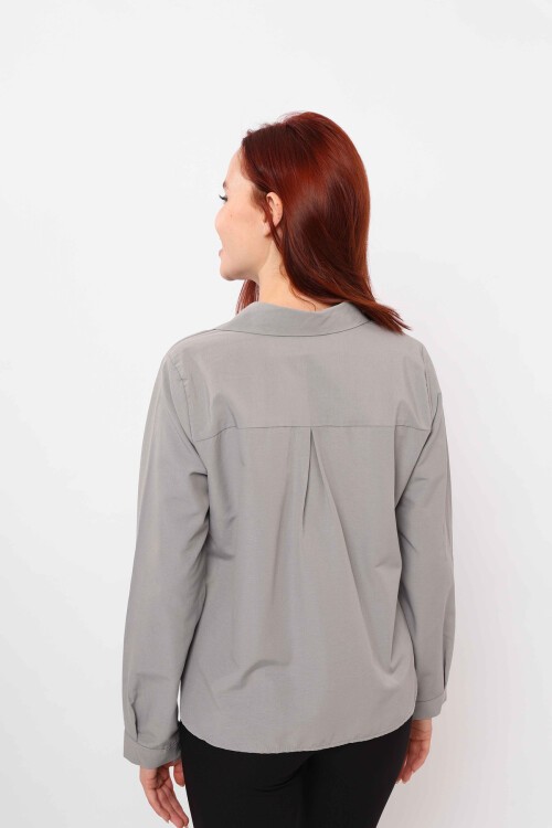 Gri Cep Detaylı Oversize Gömlek
