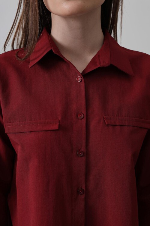 Bordo Çift Kapak Cepli Düğmeli Kısa Kesim Gömlek