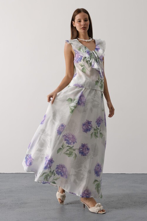 Lila Çiçek Desenli Uzun Etek