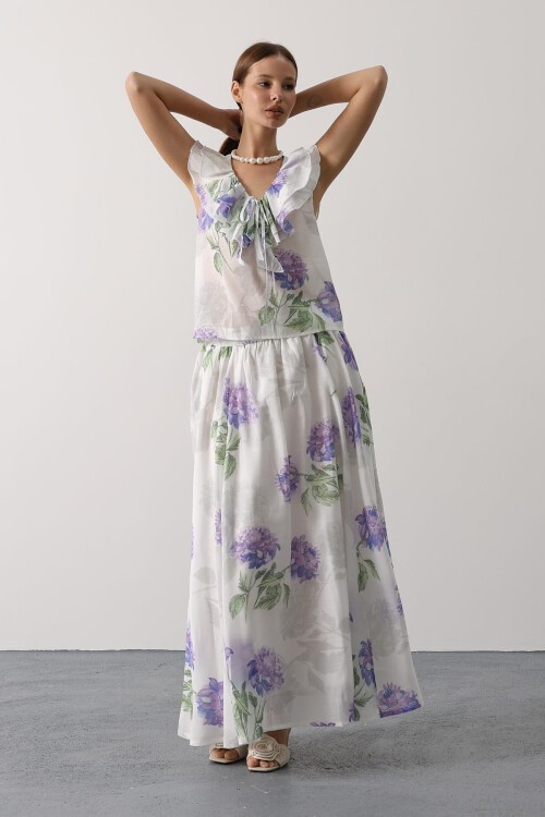 Lila Çiçek Desenli Uzun Etek