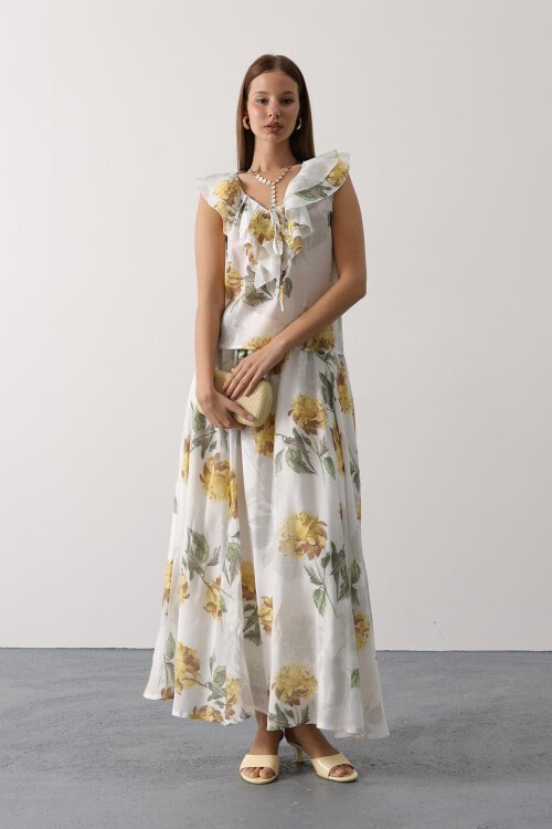 Sarı Çiçek Desenli Uzun Etek