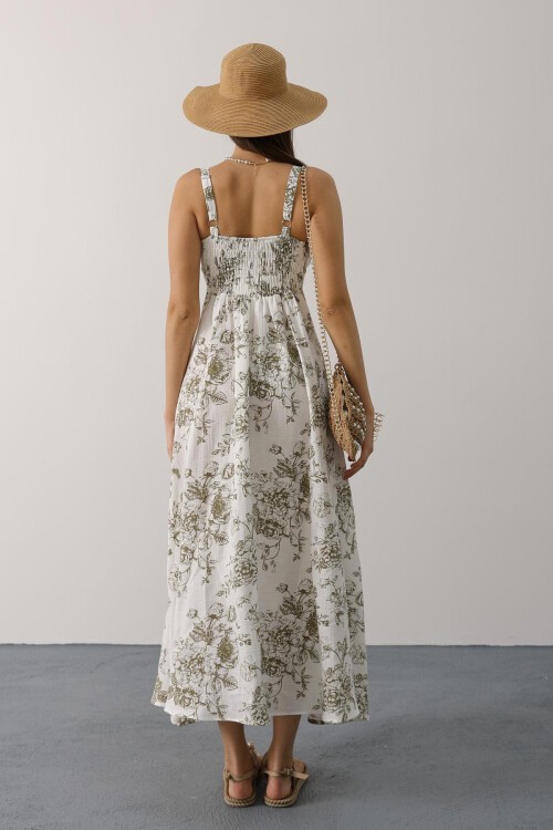 Yeşil Çicek Desenli Askılı Müslin Elbise