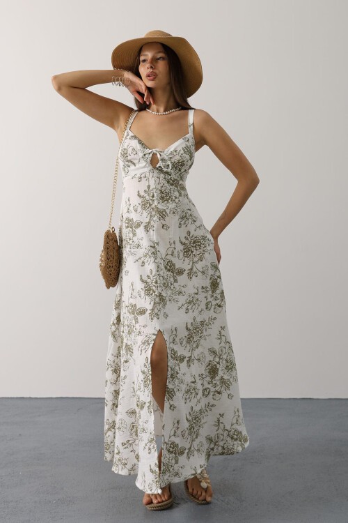 Yeşil Çicek Desenli Askılı Müslin Elbise