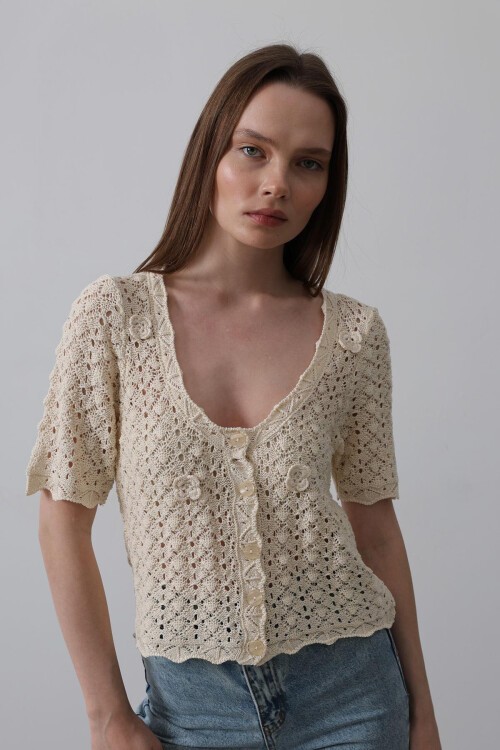 Ekru Dantel İşlemeli Ajurlu Triko Bluz