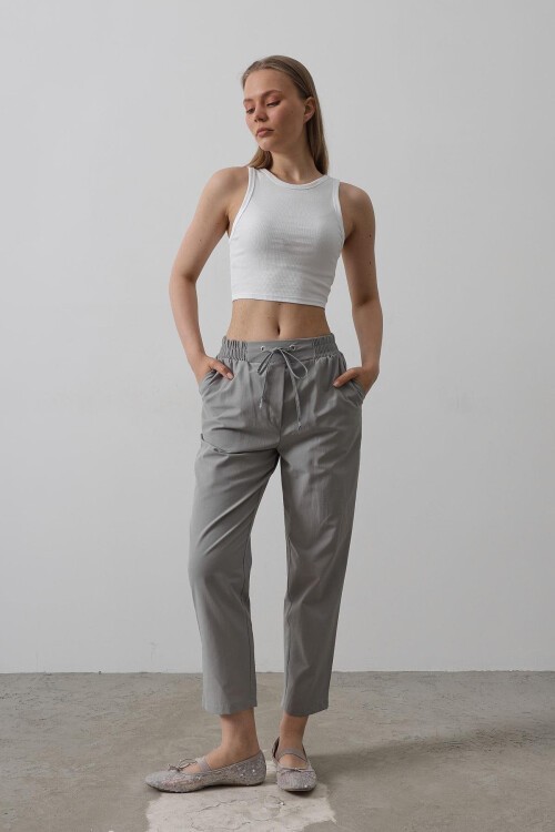 Gri Çift Cepli Beli Lastikli Bağlama Detaylı Pantolon