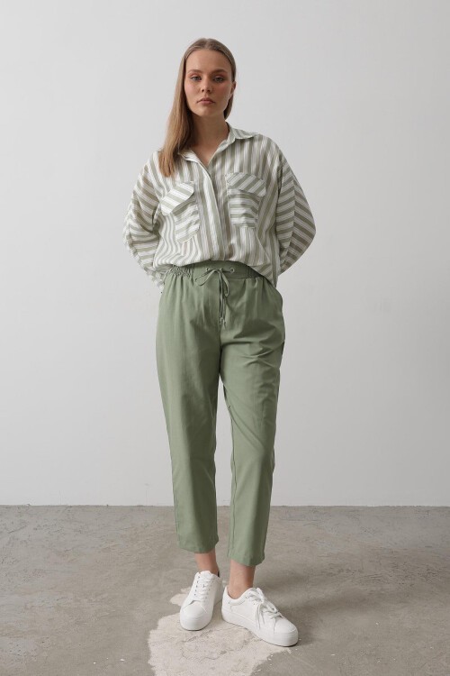 Haki Çift Cepli Beli Lastikli Bağlama Detaylı Pantolon