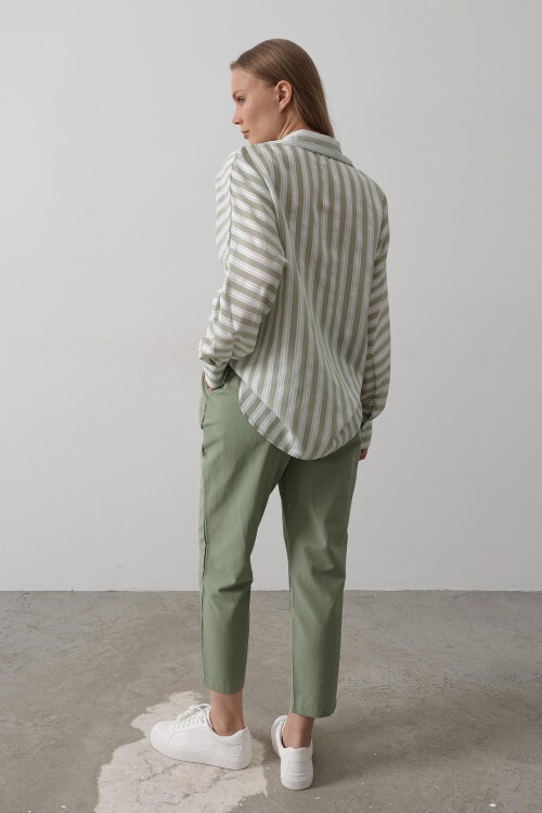 Haki Çift Cepli Beli Lastikli Bağlama Detaylı Pantolon