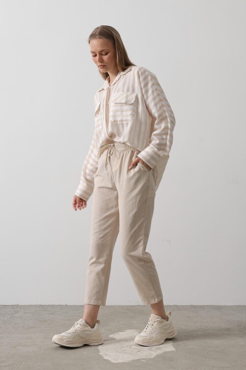 Taş Çift Cepli Beli Lastikli Bağlama Detaylı Pantolon