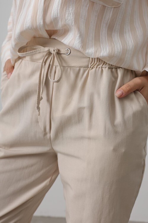 Taş Çift Cepli Beli Lastikli Bağlama Detaylı Pantolon