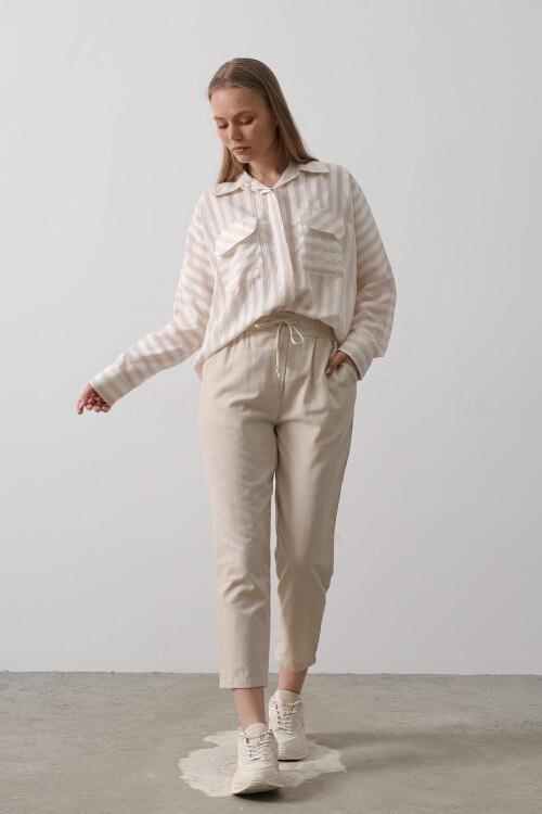 Taş Çift Cepli Beli Lastikli Bağlama Detaylı Pantolon