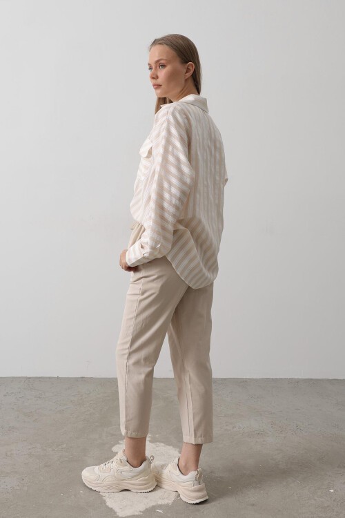 Taş Çift Cepli Beli Lastikli Bağlama Detaylı Pantolon