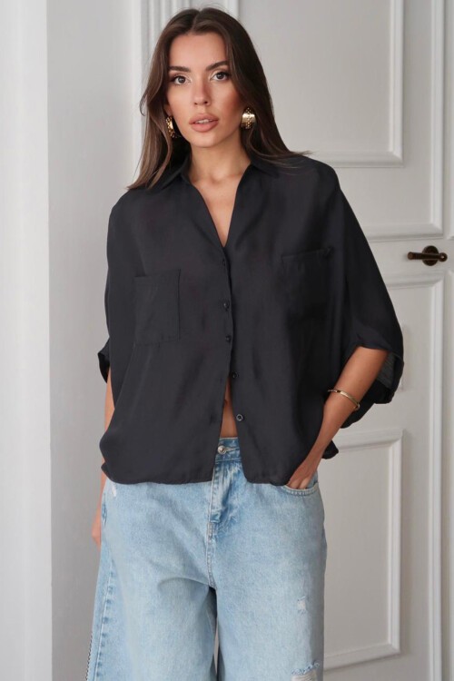 Siyah Çift Cepli Yarasa Kol Gömlek