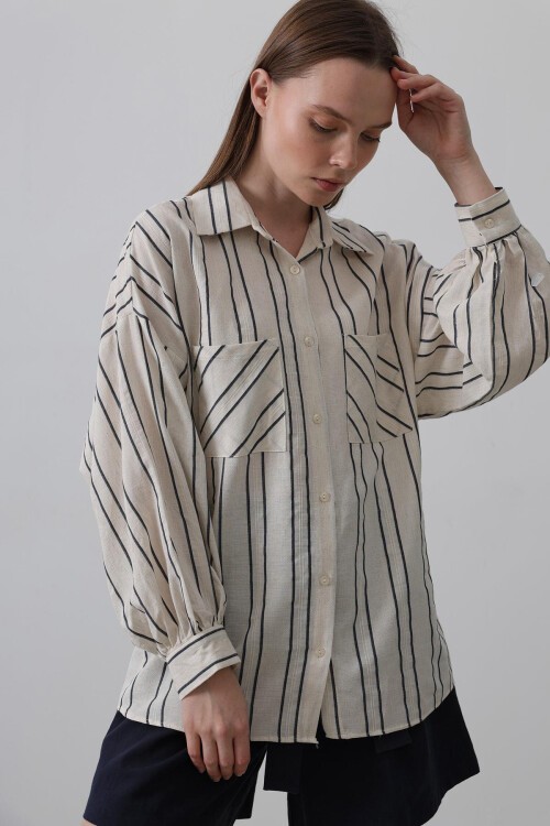 Lacivert-Bej Çizgili Çift Cepli Oversize Gömlek