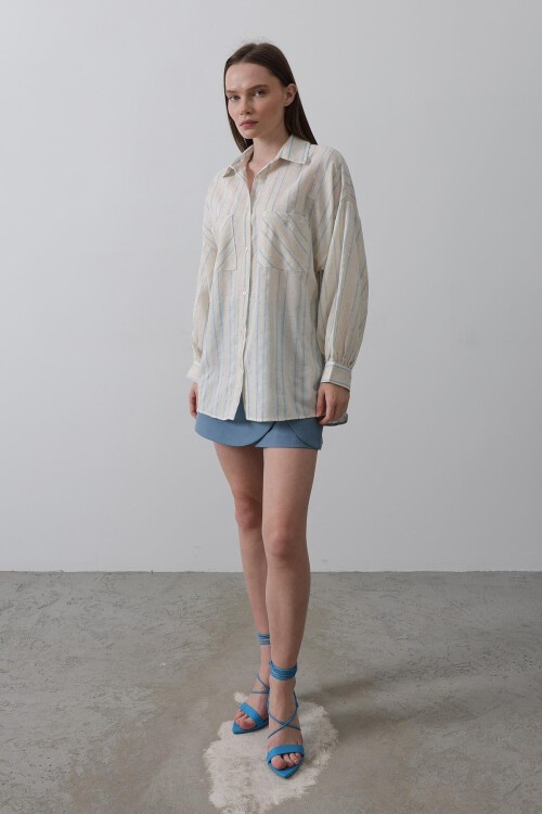 Mavi-Bej Çizgili Çift Cepli Oversize Gömlek