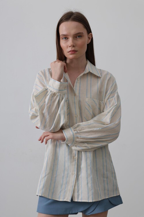 Mavi-Bej Çizgili Çift Cepli Oversize Gömlek