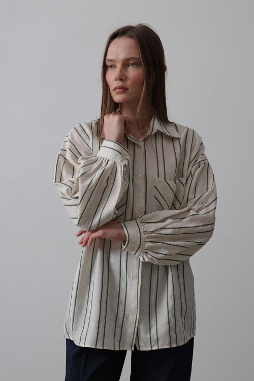 Yeşil Bej Çizgili Çift Cepli Oversize Gömlek