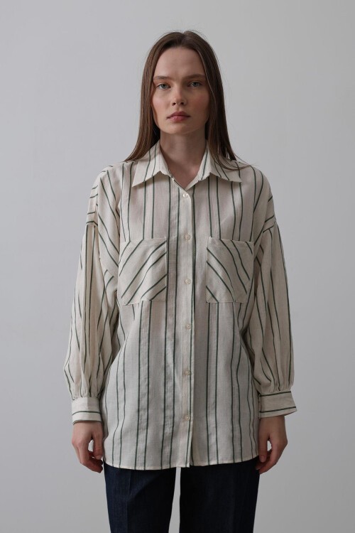 Yeşil Bej Çizgili Çift Cepli Oversize Gömlek