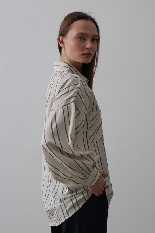 Yeşil Bej Çizgili Çift Cepli Oversize Gömlek