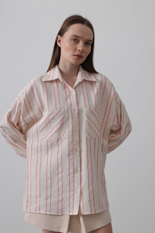 Pembe Çizgili Çift Cepli Oversize Gömlek