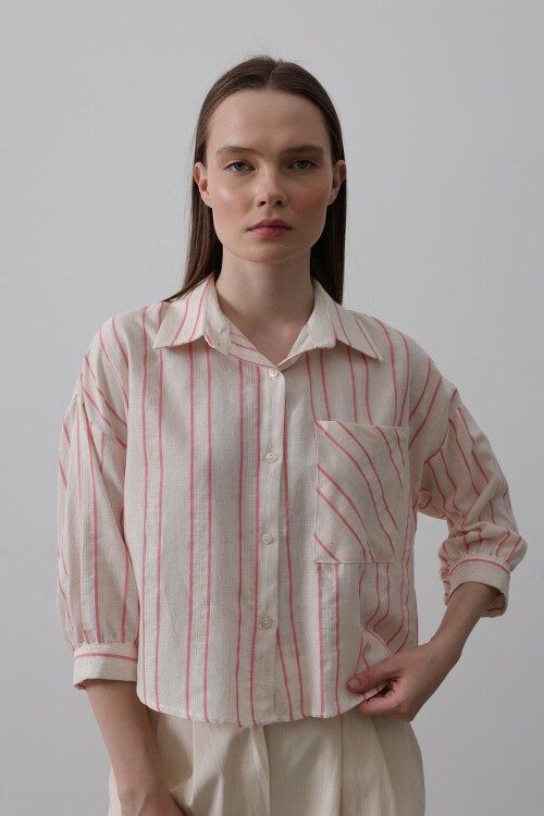 Pembe Cepli Çizgili Kısa Gömlek