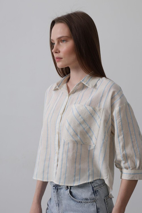 Mavi-Bej Cepli Çizgili Kısa Gömlek