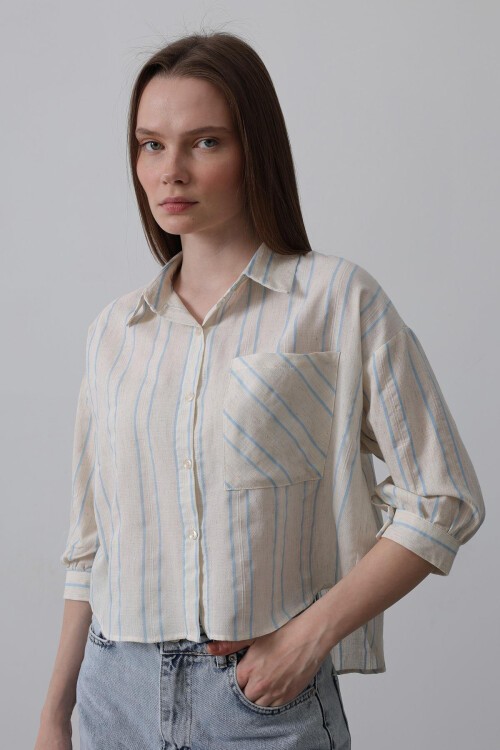 Mavi-Bej Cepli Çizgili Kısa Gömlek