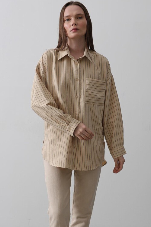 Taş Çizgili Tek Cepli Oversize Gömlek