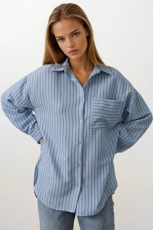 Bebe Mavisi Çizgili Tek Cep Oversize Gömlek