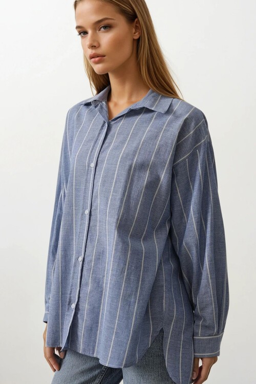 Mavi Desenli Çizgili Oversize Gömlek