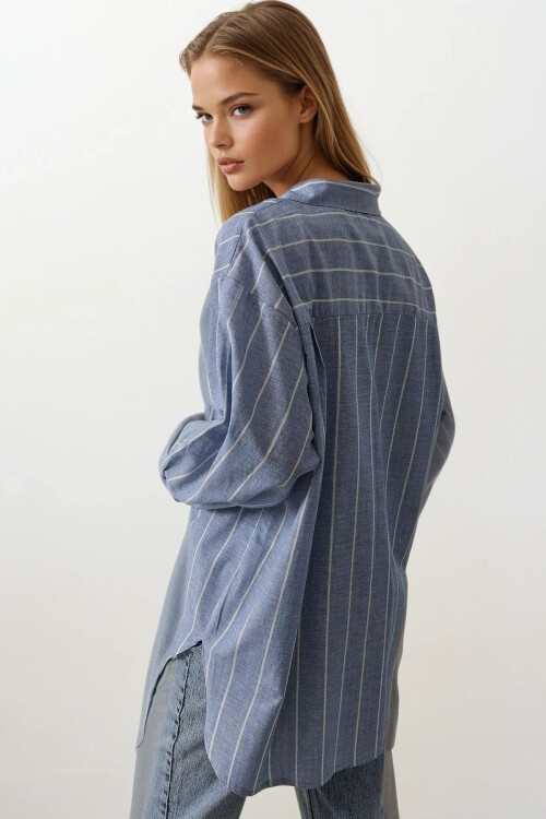 Mavi Desenli Çizgili Oversize Gömlek