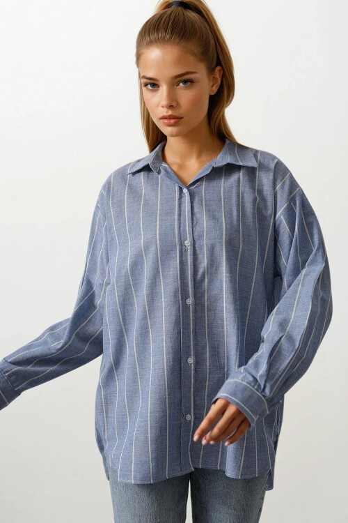 Mavi Desenli Çizgili Oversize Gömlek