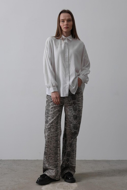 Beyaz Çizgili Uzun Kol Oversize Gömlek