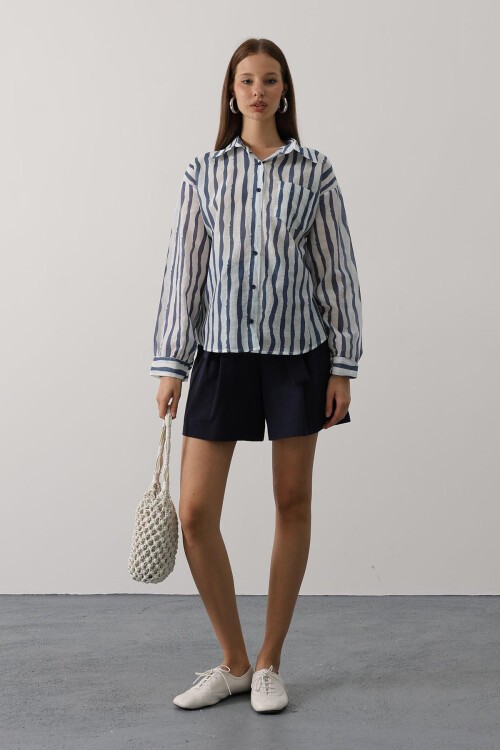 Saks Çizgili Cep Detaylı Uzun Kol Oversize Gömlek