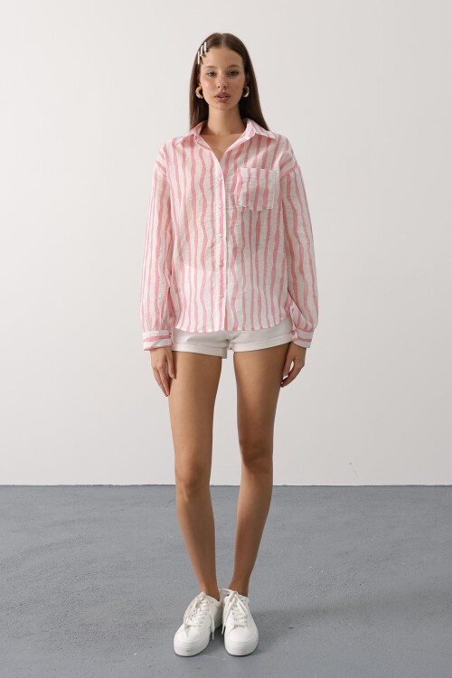 Pembe Çizgili Cep Detaylı Uzun Kol Oversize Gömlek