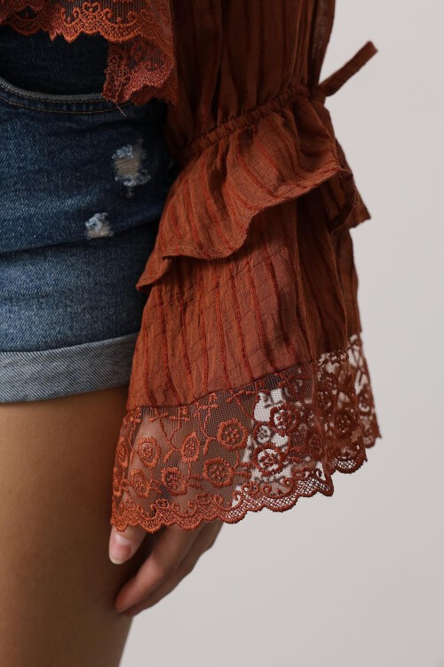 Kahve Dantelli Fırfırlı Bohem Bluz