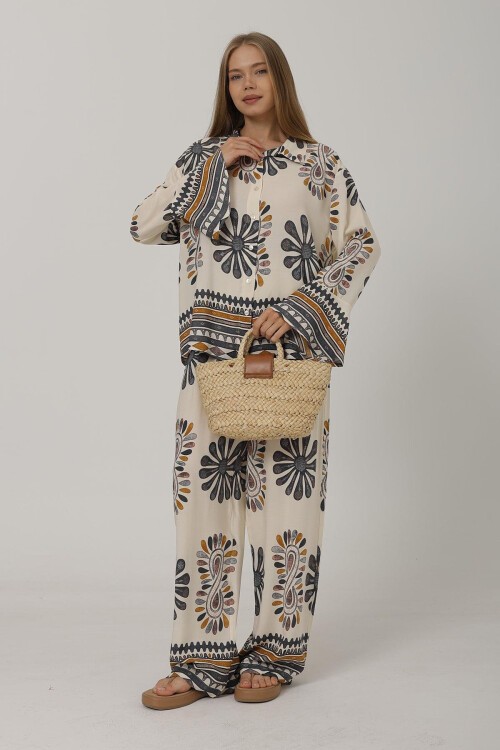 Antrasit Desenli Kolları Volanlı Gömlek Ve Beli Lastikli Pantolon Takım