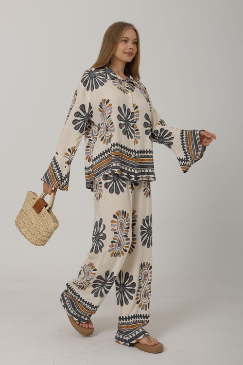 Antrasit Desenli Kolları Volanlı Gömlek Ve Beli Lastikli Pantolon Takım