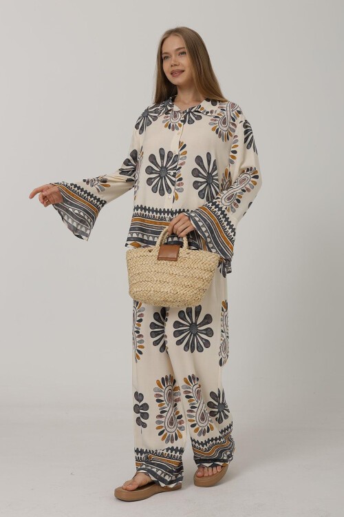 Antrasit Desenli Kolları Volanlı Gömlek Ve Beli Lastikli Pantolon Takım