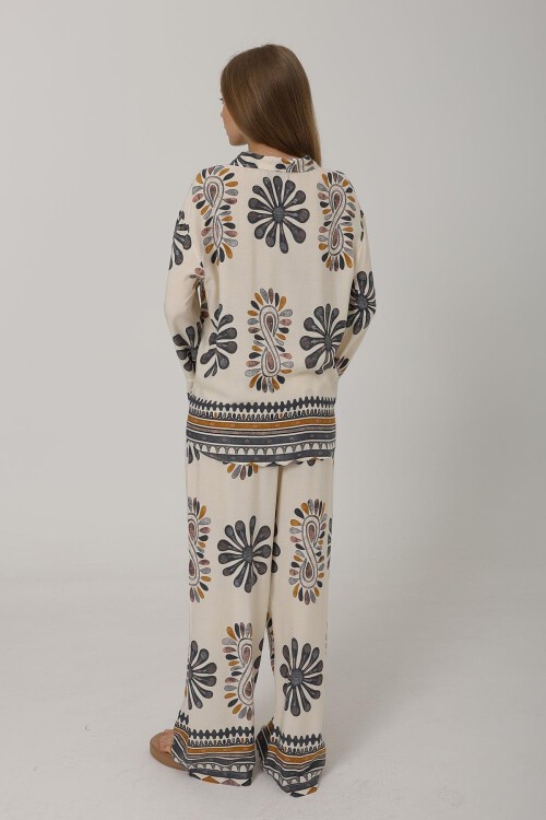 Antrasit Desenli Kolları Volanlı Gömlek Ve Beli Lastikli Pantolon Takım