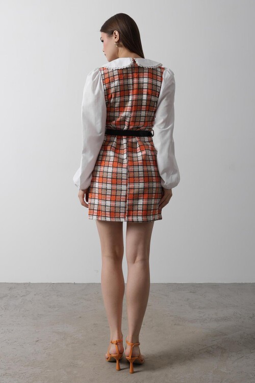 Oranj Ekoseli Bebe Yaka Mini Boy Elbise