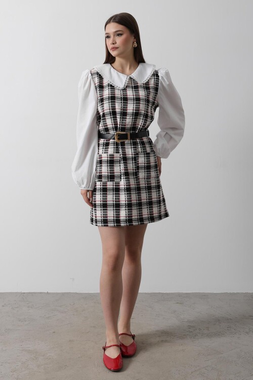 Siyah Ekoseli Bebe Yaka Mini Boy Elbise