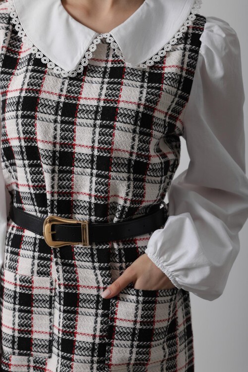 Siyah Ekoseli Bebe Yaka Mini Boy Elbise