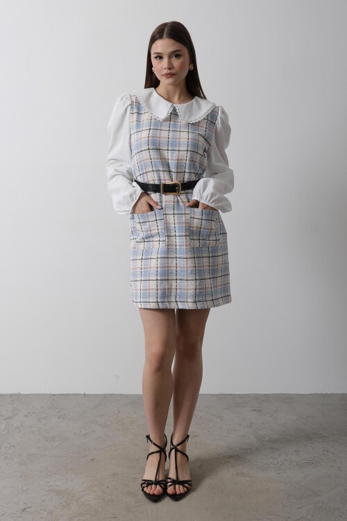 Mavi Ekoseli Bebe Yaka Mini Boy Elbise