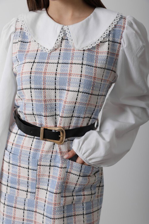 Mavi Ekoseli Bebe Yaka Mini Boy Elbise