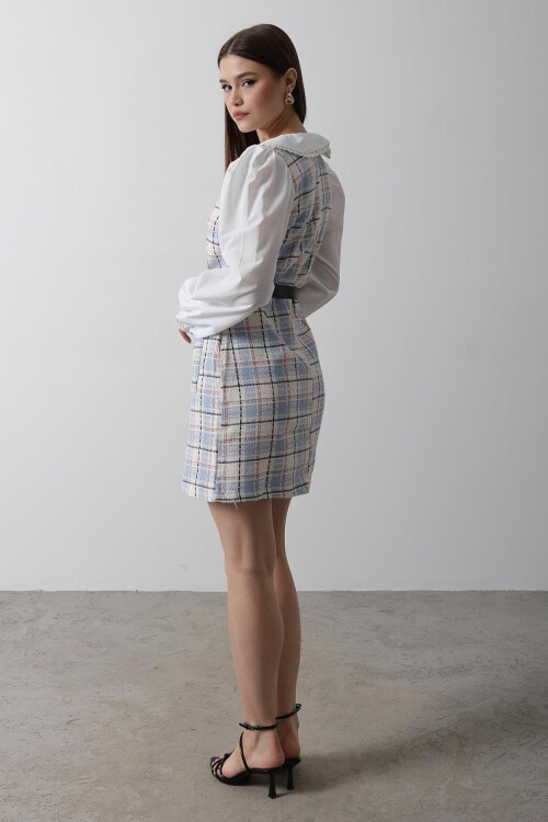 Mavi Ekoseli Bebe Yaka Mini Boy Elbise