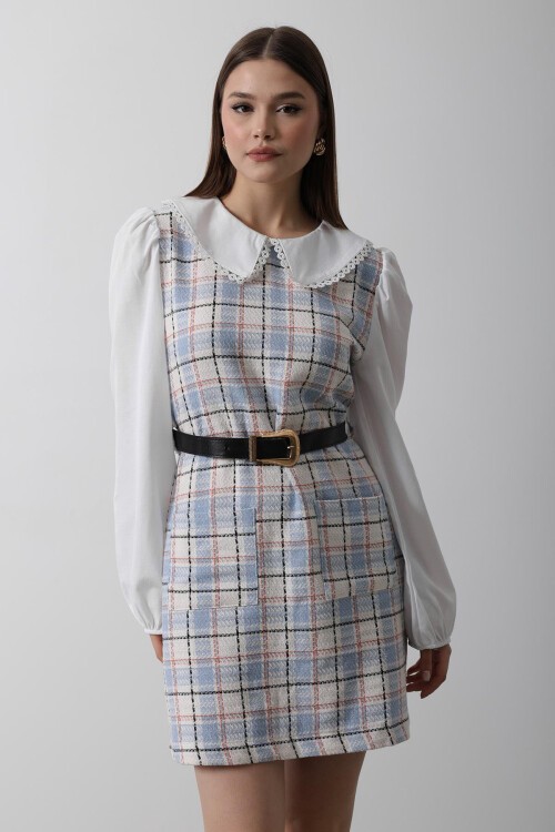 Mavi Ekoseli Bebe Yaka Mini Boy Elbise