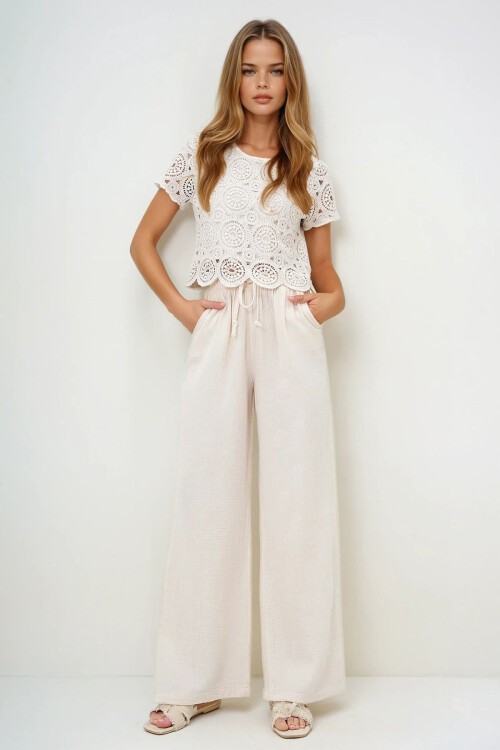 Ekru Çift Cepli Beli Lastikli Müslin Keten Pantolon
