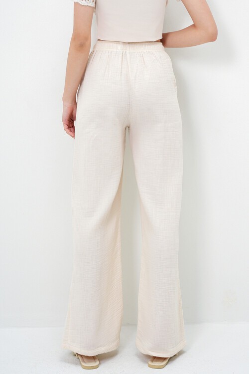Ekru Çift Cepli Beli Lastikli Müslin Keten Pantolon